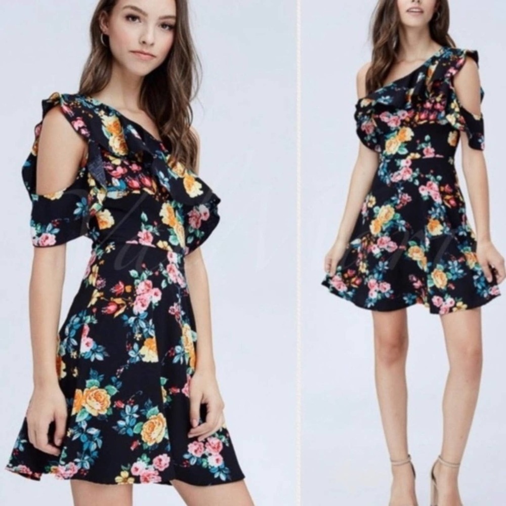 Black Floral Cold Shoulder Women’s Mini Dress